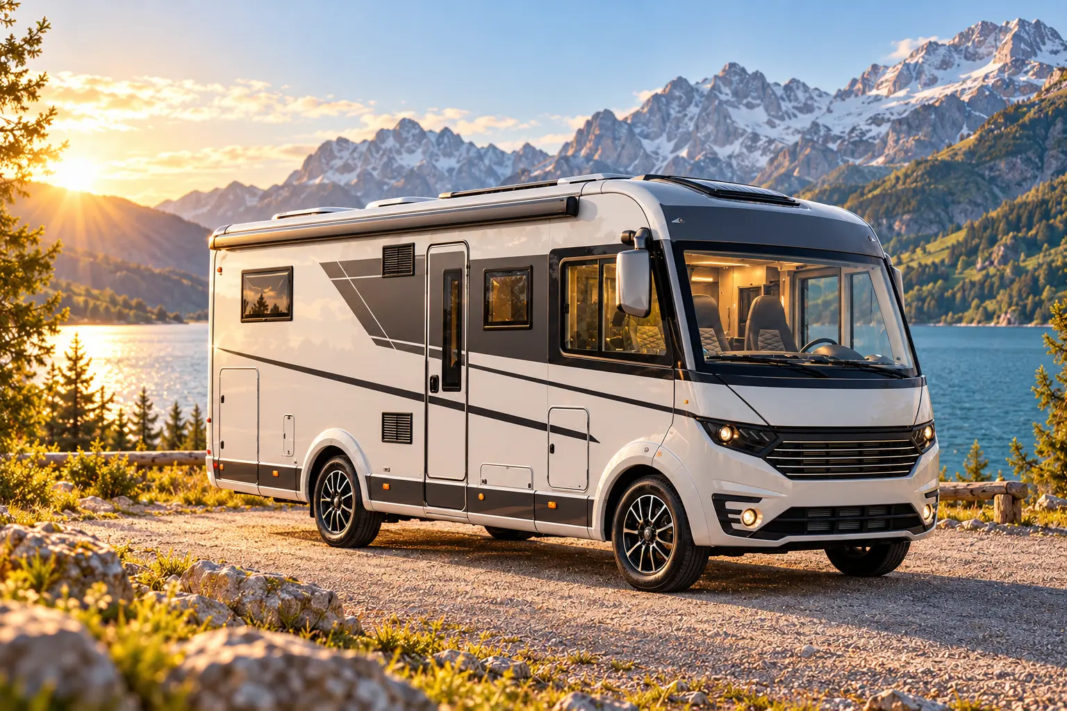 Gestaltete Reisevisualisierung: Vollintegriertes Wohnmobil vor einer Berg- und Seekulisse im Abendlicht