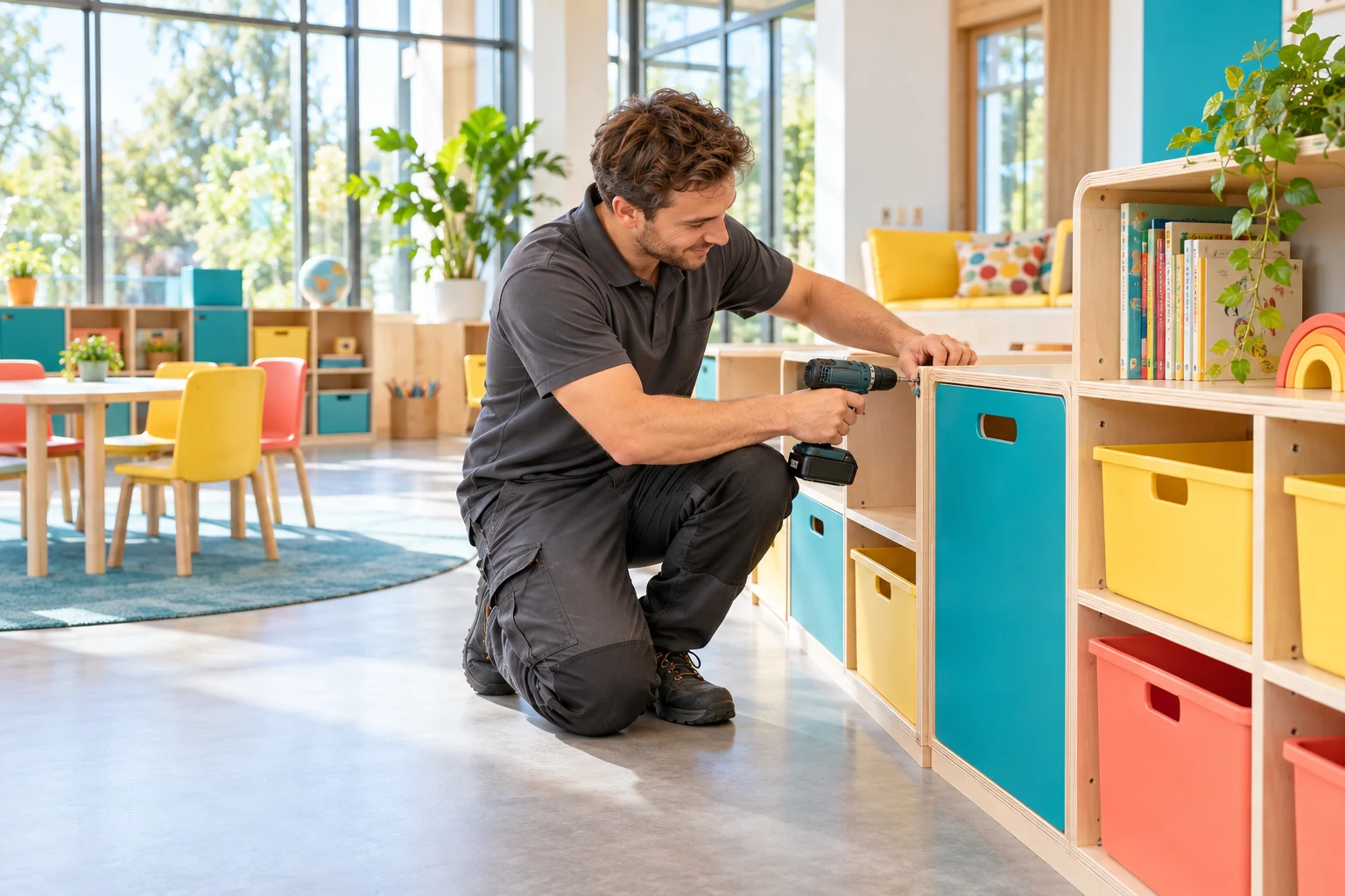 Gestaltete Montageillustration: Möbelmontage in einer hellen Lernumgebung für Kitas und Schulen